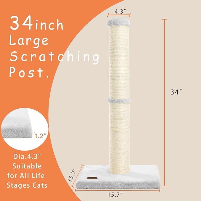 34inch Cat Scratching Post with Natural Sisal Rope 4.3Inch Large Diameter Scratcher Post Tree for Indoor Cats Grey