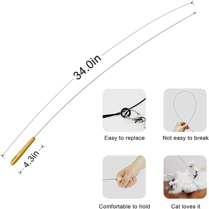 TTcat Interactive Bird & Insect Simulation Cat Toy Set - 10 Pcs Feather Refills & 2 Pcs Cat Wand Toy, 29'' Flexible Steel Wire, Sturdy Wood Handle & Bell, for Indoor Kittens