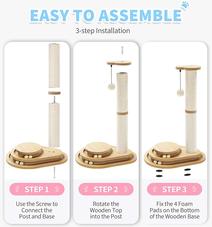 Made4Pets Cat Scratching Post Cat Scratcher Kitten Toys for Indoor Cats Wooden Ball Track Two-Layer Modern Sisal 23.4" Tall Scratch Post Interactive Toy with Dangling Ball Middle Size