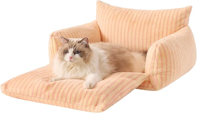 Hollypet Cat Bed Fluffy Plush Mutifuctional Double-Layer Soft Pet Couch Orthopedic Sofa Nest Beds for Small Cats and Dogs, Pink Stripes (25x20x13 inch)