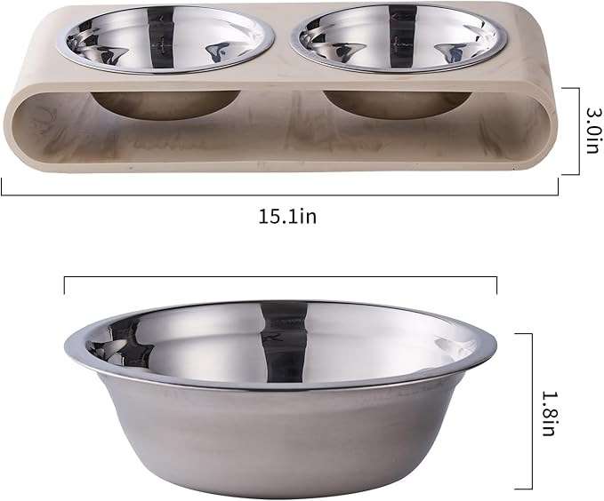 Beige Marble Elevated Dog Bowls Set - 2 Thick 6" Stainless Steel Puppy Food Bowl with Non-Slip Raised Holder Stand, Double Feeding Bowls for Food and Water, Suitable for Cats and Small Medium Pet