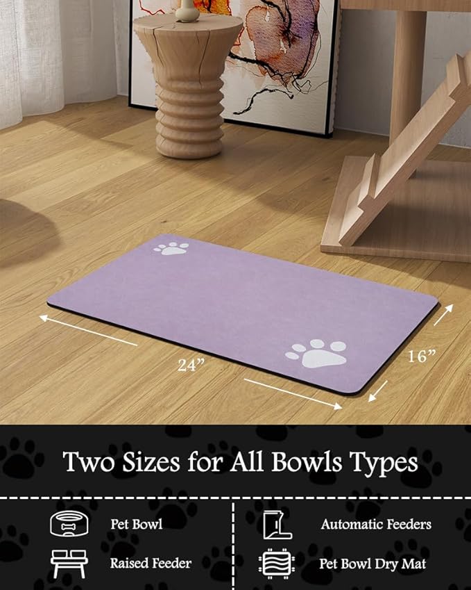 Pet Feeding Mat-Absorbent Dog Mat for Food and Water Bowl-No Stains Quick Dry Water Dispenser Mat-Dog Accessories Pet Supplies-Bowl for Messy Drinkers（Purple,16"x24"