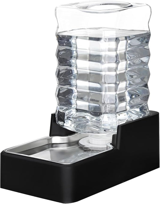 RIZZARI Stainless Steel Pet Water Feeder: 7L Automatic Leak-Proof Gravity Dispenser for Cats Dogs Indoor Outdoor Use（Black with Filter,7L）
