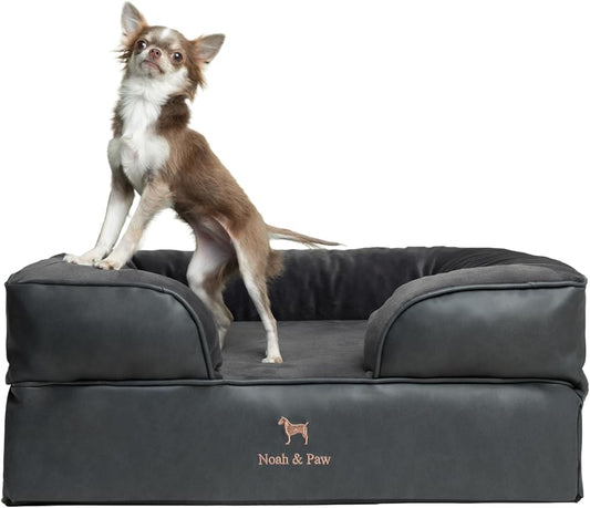 NOAH & PAW Dog Bed, 28x23x11 Inch, Orthopedic Dog Beds for Medium Size Pets, Eggshell Memory Foam Infused with Cooling Gel, Inner Cover, Waterproof, Machine Washable (Faux Leather Sofa Collection)