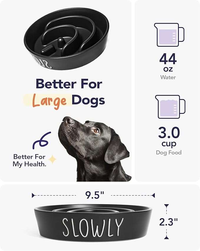 Slow Feeder Dog Bowl - Ceramic 3 Cup Puzzle Maze for Medium & Large Breeds, Puppies & Fast Eaters, Pet Food Dish Black