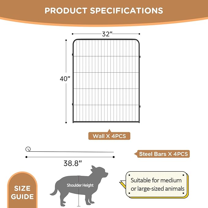 BestPet | Dog Playpen Extender | 40 Inch, 4 Panels | Heavy Duty Metal Pet Exercise Pen | Indoor Outdoor Fence Panels | Rust-Resistant, Removable, Tool-Free Setup | Anti-Skid, Expandable Design
