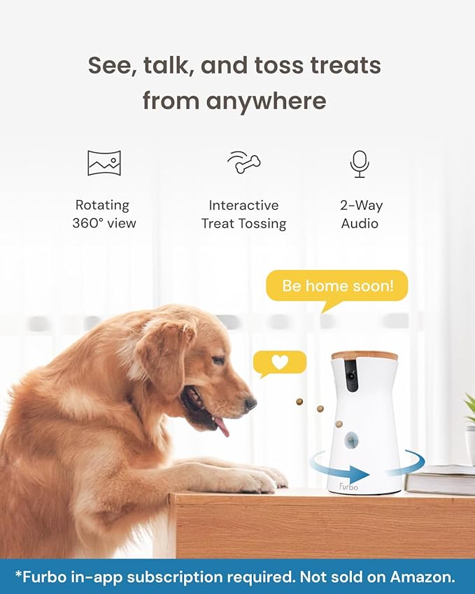Furbo 360° Dog Camera - Unlock with Paid Plan: Home Security & Dog Safety Alerts, Rotating Pet Treat Dispenser w/ 2-Way Speaker, Smart Indoor Cam w/Phone App (3mo Minimum Subscription Required)