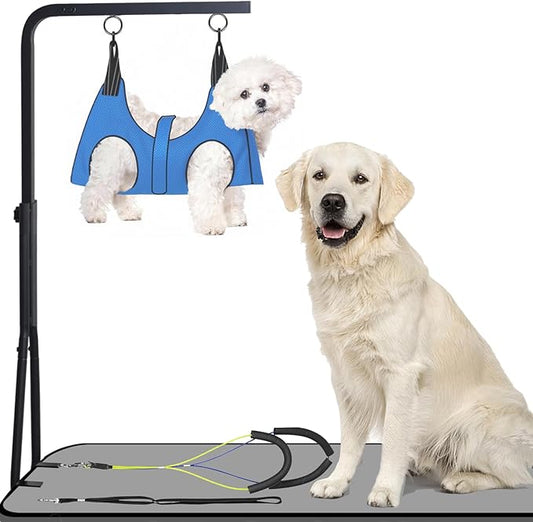 Dog Grooming Arm, Adjustable Pet Grooming Arm with Clamp for Small and Medium Dogs,Grooming Loop and No Sit Haunch Holder (Black, 42" H Arm + Heavy Duty Double Clamp + Hammock)