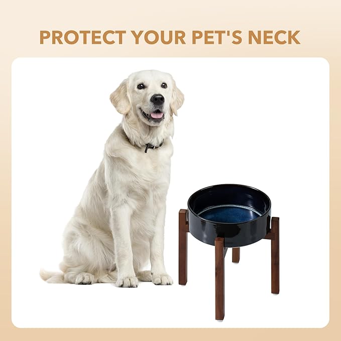 Ceramic 8.2inch Raised Dog Bowl Set, Elevated with Acacia Wood Stand, Food and Water Bowl for Large Breed Dogs, Weighted Pet Dishes(60oz, Starry Sky)