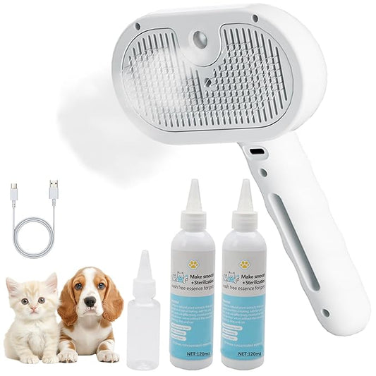 Cat Steam Brush for Shedding– 4-in-1 De-Shedding, Steam Spray, and Self-Cleaning Grooming Tool – Ideal for Long and Short-Haired Pets– Includes 2 Bottles of 120 mL Waterless Shampoo(White)
