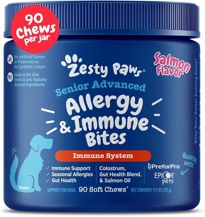 Zesty Paws Dog Allergy Relief - Anti Itch Supplement - Omega 3 Probiotics for Dogs - Stop Paw Licking - Soft Chews for Skin Health & Seasonal Allergies - with Epicor Pets - Senior - Salmon - 90 Count