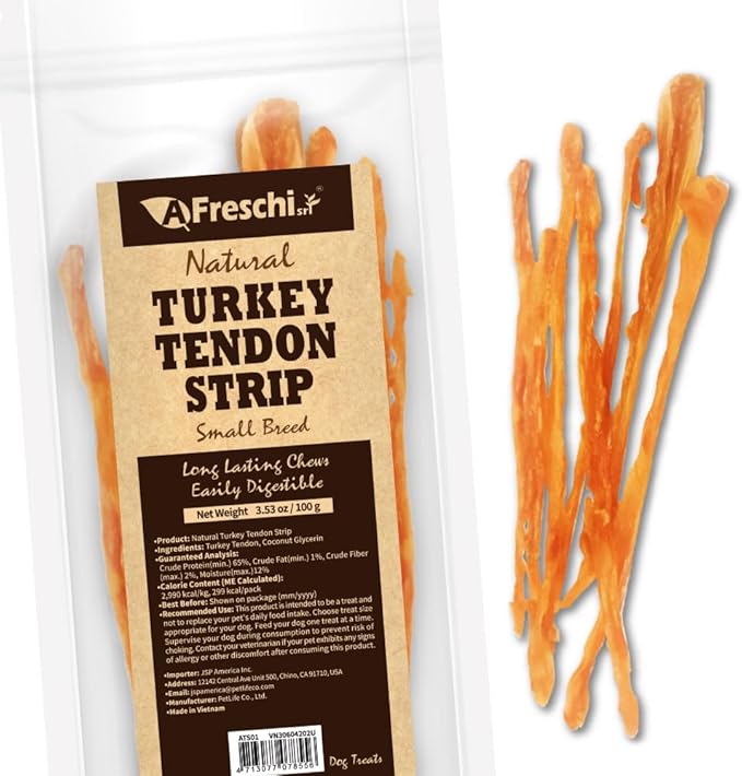 Afreschi Turkey Tendon Dog Treats, Strip 3.53 oz, USA Sourced Turkey, All Natural Human Grade Puppy Chew, Hypoallergenic, Rawhide Alternative, for Small Breeds