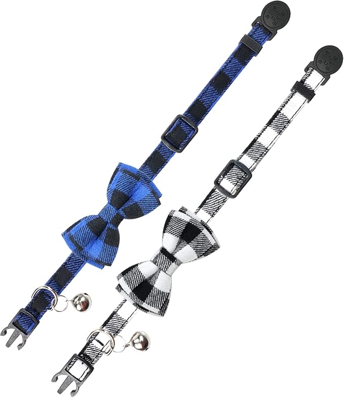 Joytale Upgraded Cat Collar with Bells, Breakaway Cat Collars with Bow Tie, 2 Pack Girl Boy Safety Plaid Kitten Collars, Black+Blue