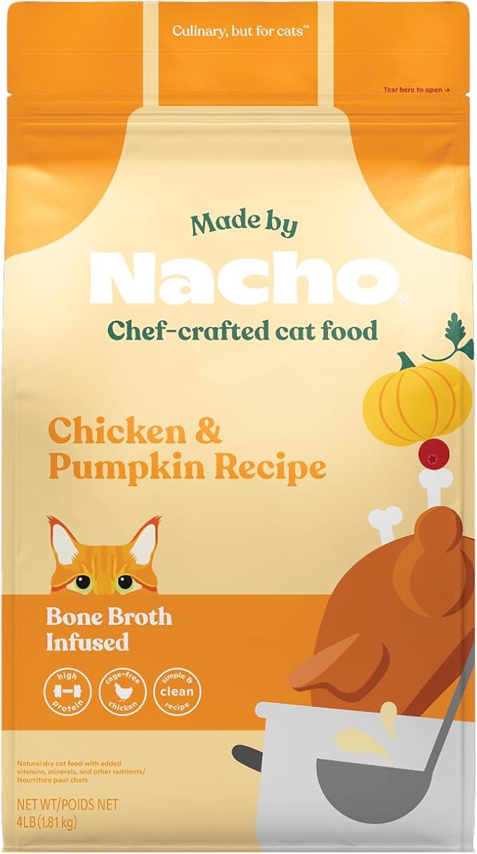 Made by Nacho Dry Cat Kibble 4lb Bag, High Protein and Grain-Friendly Premium Cat Food, Cage-Free Chicken & Pumpkin Recipe, Infused with Bone Broth for Hydration, Limited Ingredients, Single Bag