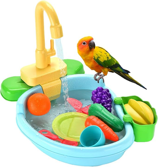 Bird Bath for Cage, Automatic Bath for Birds, Parrot Shower Bathtub Outdoor with Faucet, Bird Shower Swimming Pool Toy for Ferret, Budgie, Goldfinch, Cockatiel, Parakeet, Lovebird(Blue)