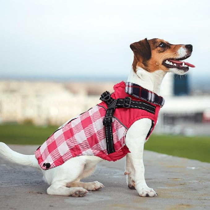Dog Coat with Harness,Small Dog Winter Coat,Doggie Jackets with Built in Harness,Adjustable Warm Jacket for Medium Large Dogs,Pet Puppy Cold Weather Coats for Dogs Waterproof (PlaidPink, X-Large)