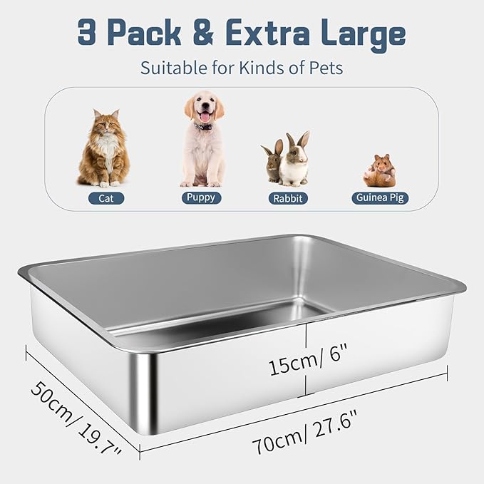 Stainless Steel Litter Box, 3 Pack 27.6"x19.7"x5.9" XXXL Metal High Sided Cat Litter Pan, Extra Large Stainless Steel Box Splash-Proof and Non-Stick Cat Poop Box odorless