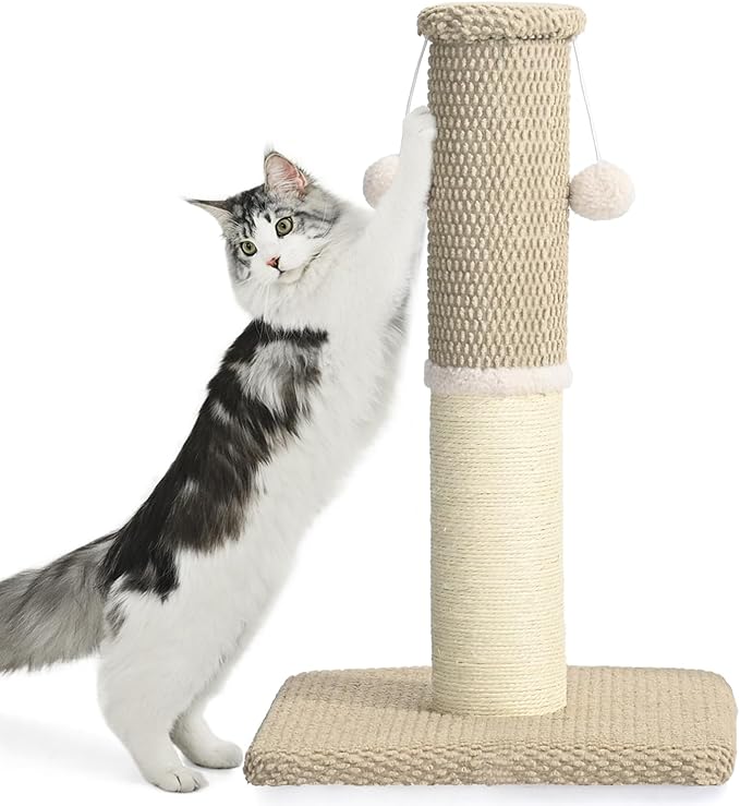 Made4Pets Tall Cat Scratching Post, Heavy Duty and Thicker Scratching Posts for Indoor Cats Adults, 23.6" Natural Sisal Cat Scratcher with Hanging Balls, Sturdy Base Cat Scratch Post, Beige