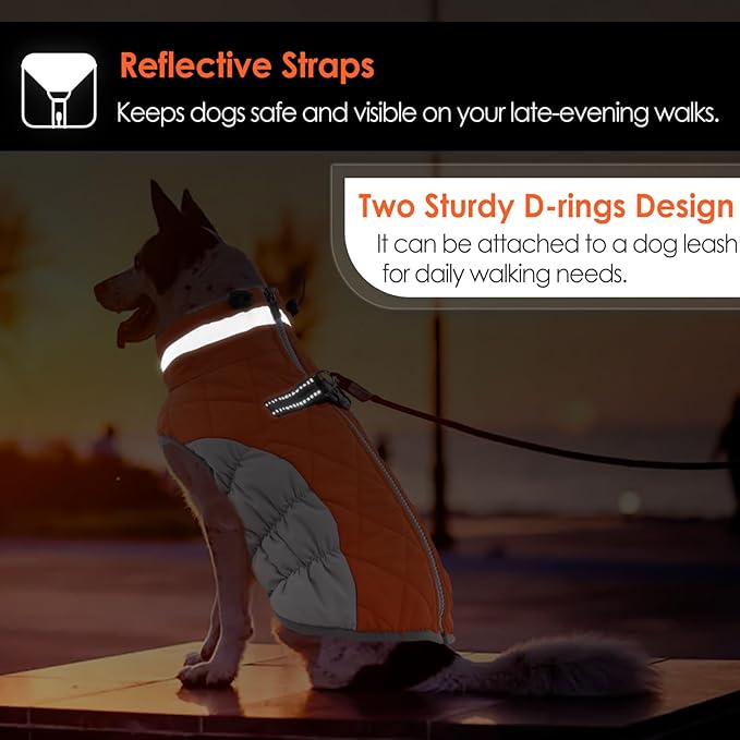 AOFITEE Dog Coat, Warm Dog Jackets for Large Dogs, Reflective Turtleneck Dogs Winter Coat with Harness Built in, Waterproof Windproof Pet Snow Jacket Fleece Vest for Cold Weather, Orange XXL