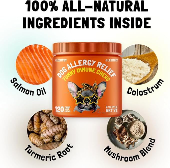 Allergy Relief Chews for Dogs & Immune & Digestive Supplement with Wild Salmon Oil Kelp Colostrum Turmeric Probiotics & Bee Pollen for Seasonal Allergies Anti Itch, Skin Hot Spots 120 Soft Treats