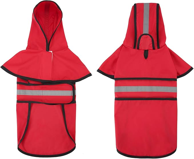 HDE Dog Raincoat Jacket Reflective Adjustable Hooded Pet Poncho Rain Coat with Leash Hole for Small to X-Large Dogs Red - L