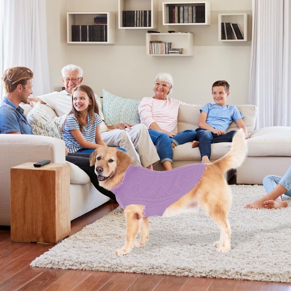 BINGPET Thermal Knitted Dog Sweater, Winter Dog Cat Coat, Warm Sweater for Small Medium Large Dogs, Classic Cable Knit Turtleneck Pullover, Purple, Medium/Large