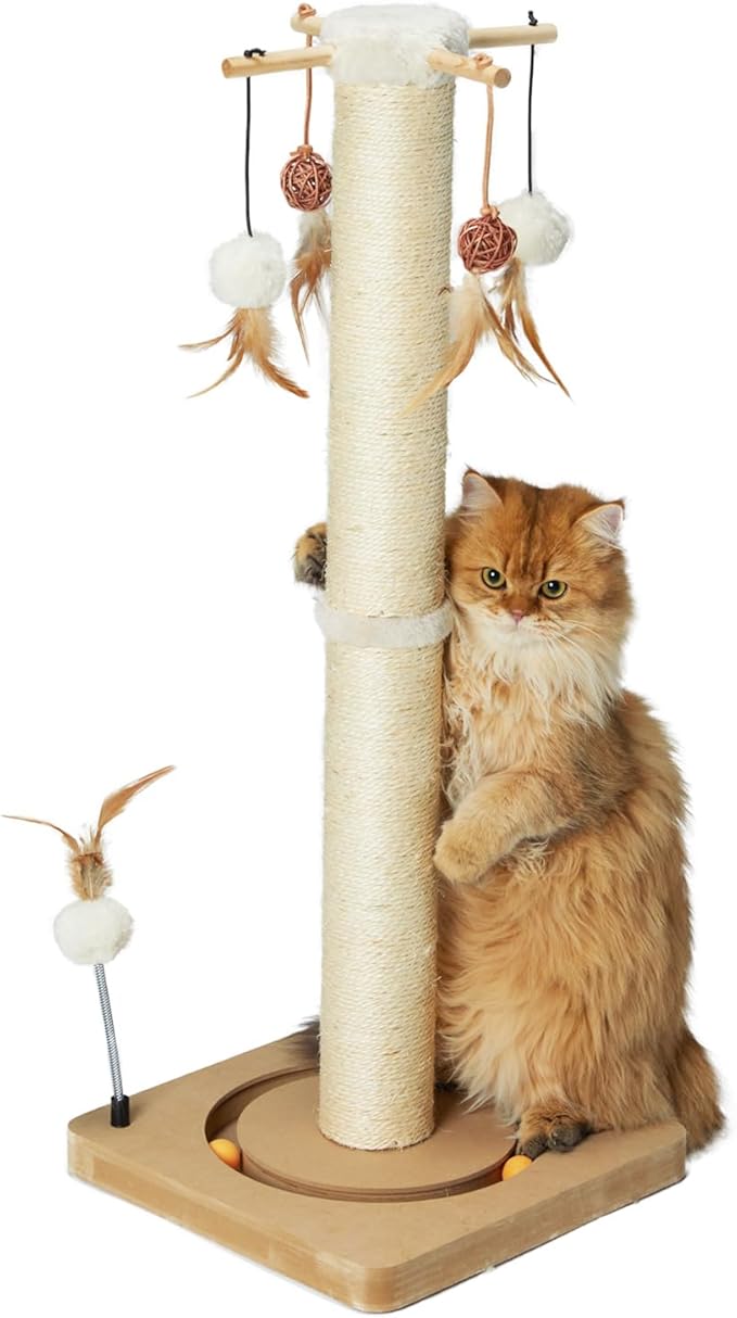 PEEKAB Cat Scratching Post 33 Inches Tall Large Sisal Scratch Posts with Track Ball Toys for Indoor Cats and Kittens,Vertical Scratcher Toy Beige