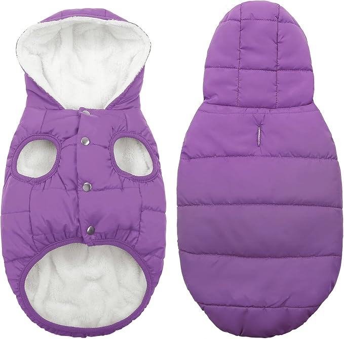 Fleece Hoodie, Windproof Waterproof Dog Coat, Winter Warm Jacket, Cold Weather Pet Apparel Clothes Vest for Small Medium Large Dogs (2XL, Purple)