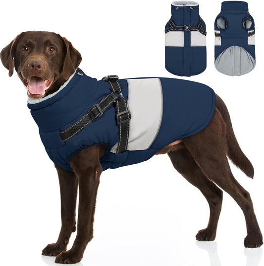 SUNFURA Dog Coat, XXL Dog Jacket Winter with Harness Built in, Waterproof Pet Snow Jacket with Furry Collar for Chilly Day, Reflective Fleece Snowsuit for Extra Large Dogs, Navy Blue 2XL