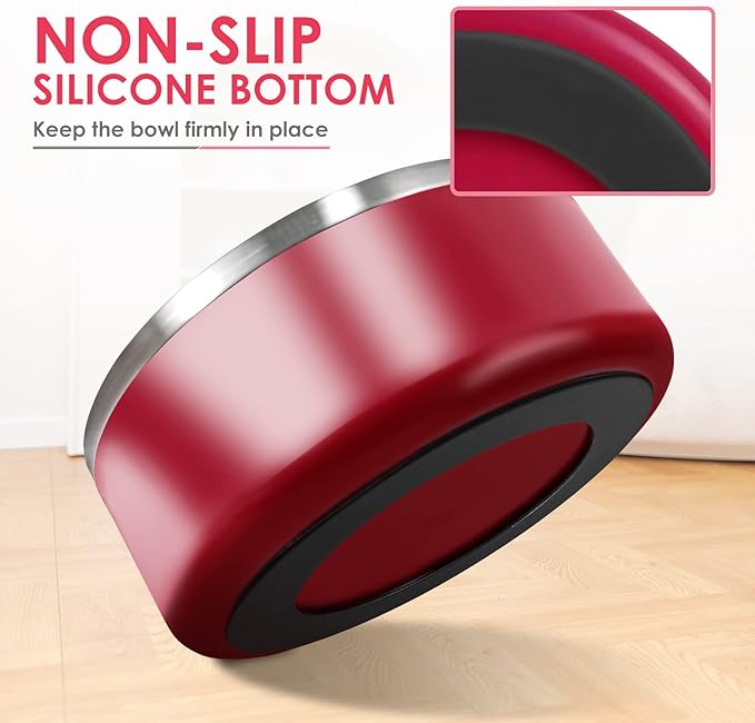 IKITCHEN Dog Bowl for Food and Water, 64 Oz Stainless Steel Pet Feeding Bowl, Durable Non-Skid Double Wall Insulated Heavy Duty with Rubber Bottom for Medium Large Dogs (64 Ounces/8 Cup, Red)