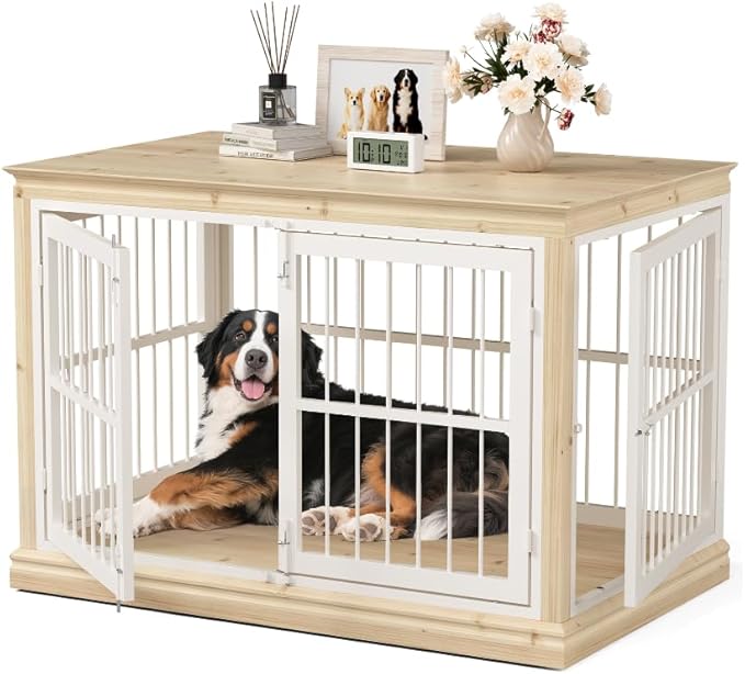 48 in Solid Wood Dog Furniture Crate for Dogs-Large Dog Crate Sideboard and TV Stand, Large, Wood Dog Crate Kennel-(White+Natural)