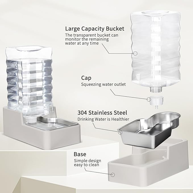 RIZZARI Stainless Steel Pet Water Feeder: 9L Automatic Leak-Proof Gravity Dispenser for Cats Dogs Indoor Outdoor Use（Beige Without Filter,9L）