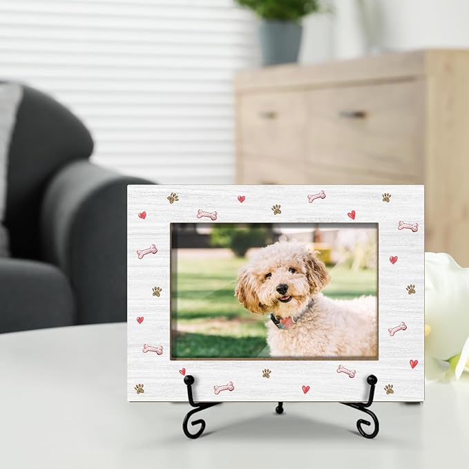 Dog Picture Frame Dog Paw Print Photo Frame, Gifts for Pet Lover Pet Owner, Wooden Picture Frame with Stand, 4"x6" Picture Frame for Tabletop Display, Home Office Desk Decor Shelf Display/XK61