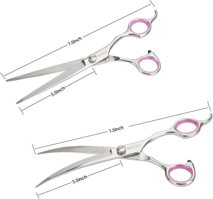 GEMEK Pet Cat Dog Grooming Scissors Set 4 Pieces Stainless Steel Professional Pet Trimmer Kit - 7.5 inch Straight Cutting, Thinning Shears, Curved, Grooming Combs