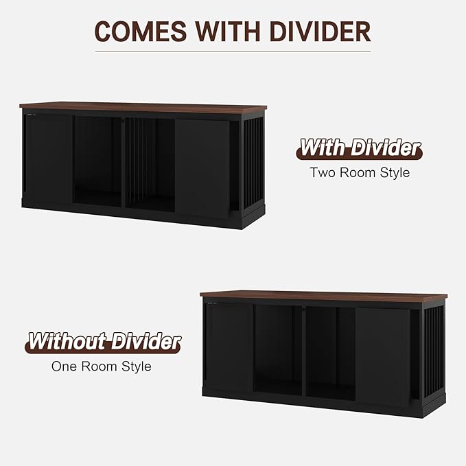 Dog Crate Furniture - Indoor Wooden Dog Kennel Furniture with Room Divider - 71"x23.6"x31.5"H, Black