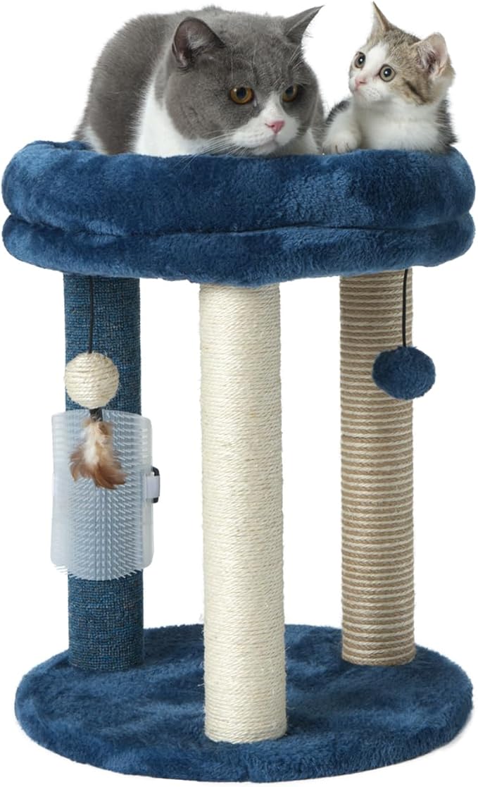MECOOL Cat Scratching Post Tree with Tower Soft Bed.Natural Quality Sisal Carpet Jute Scratch Posts with Three Hanging Ball Toys and Massage Brush for Indoor Cats and Kittens Blue