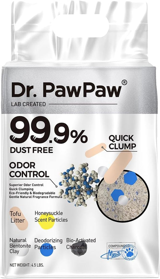 Tofu Cat Litter, Dr. PawPaw Clumping Cat Litter, Honeysuckle Scent 4.5 lb, Dust-Free Keep Kitty Tidy, Superior Odor Control Keep Step Fresh