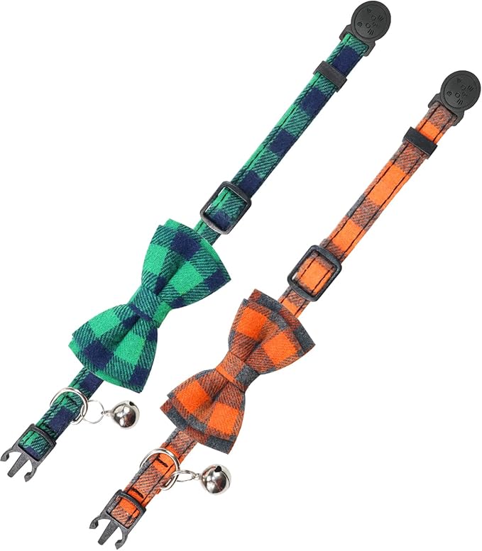 Joytale Upgraded Cat Collar with Bells, Breakaway Cat Collars with Bow Tie, 2 Pack Girl Boy Safety Plaid Kitten Collars, Green+Orange