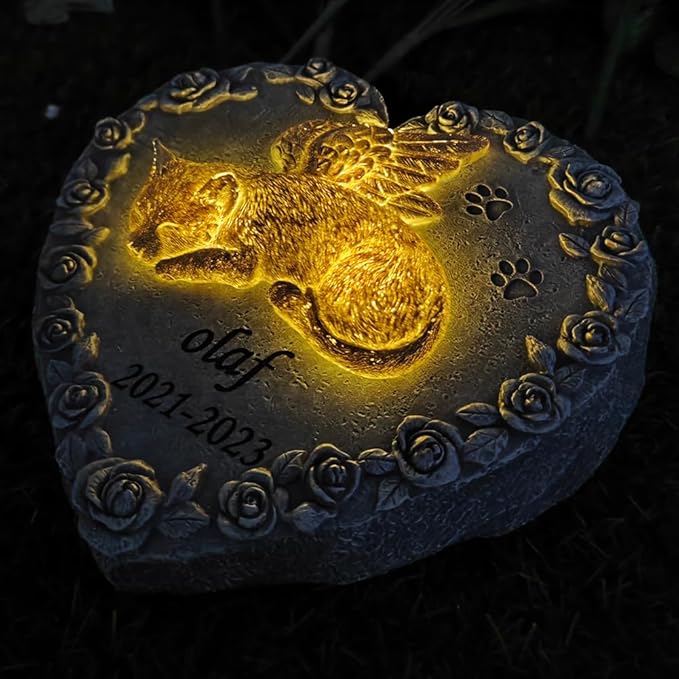 Solar Cat Memorial Stones, Solar Cat Statue Outdoor Garden Decor, Waterproof Solar Cat Headstone Grave Markers Tombstones Loss Cat Memorial Sympathy Keepsake, 8" L x 7.7" W x 3."H