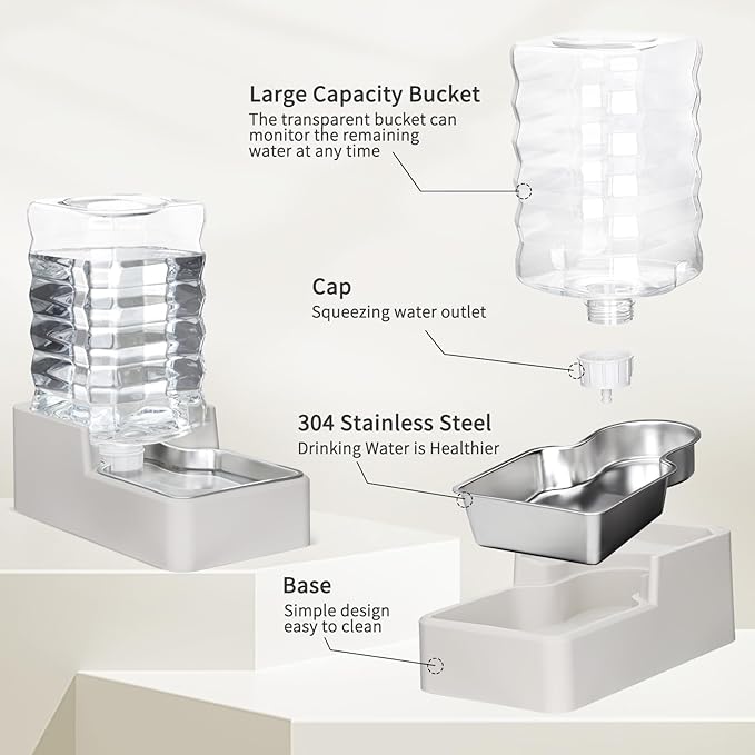 RIZZARI Stainless Steel Pet Water Feeder: 7L Automatic Leak-Proof Gravity Dispenser for Cats Dogs Indoor Outdoor Use（Beige Without Filter,7L）