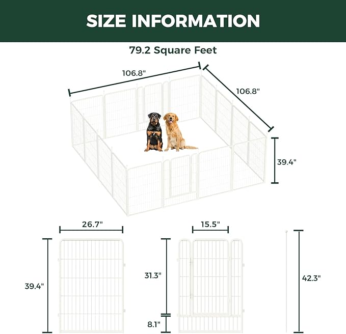 FXW Rollick Unleashed Dog Playpen for Indoor, Yard, RV Camping, 40 inch 16 Panels for Medium and Large Dogs, White│Patented