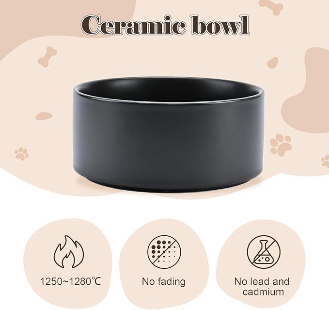 SPUNKYJUNKY Raised Ceramic Dog Bowls Set with Non-Slip Acacia Wood Stand for Medium Sized Dog(42.27 OZ, Black)