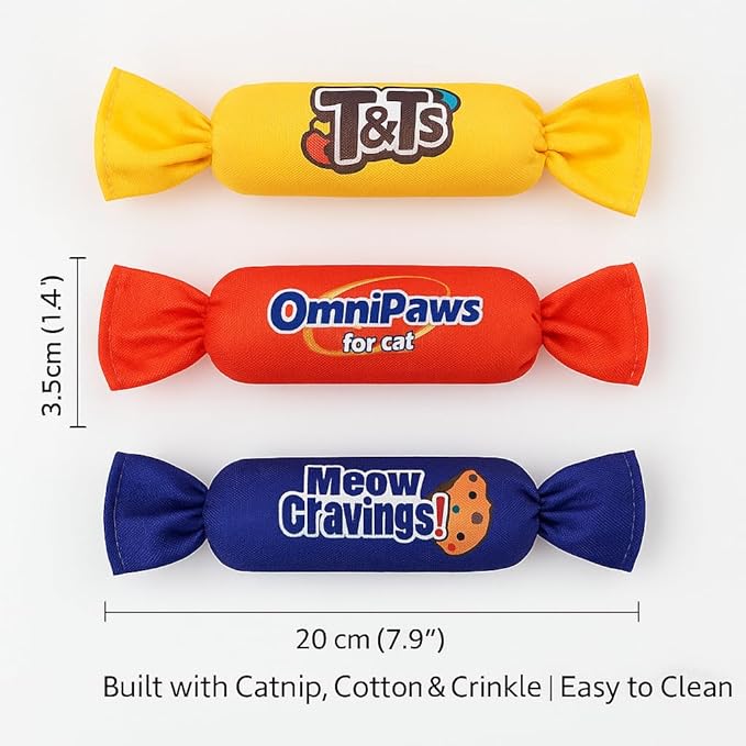 Catnip Candy Toys for Indoor Cats – 3-Pack Crinkle Cat Toys with Catnip Pouches, Durable Canvas & Soft Filling, Cat Chew Toys for Kittens & Adults (Yellow)