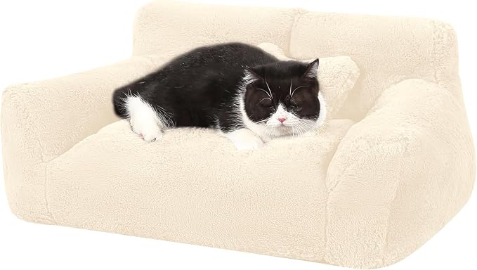 Fluffy Cat Couch, Small Dog Bed with Bone Shaped Pillow, Anti-Anxiety Pet Bed with Washable Cover, Cream