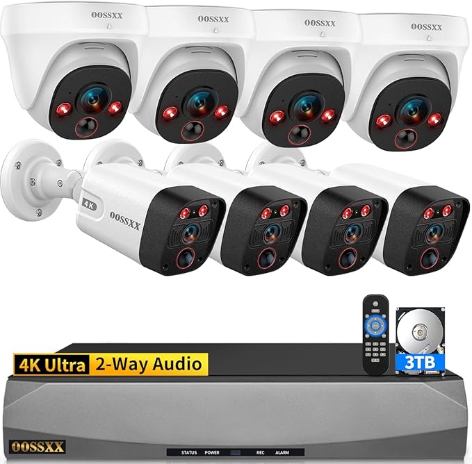 OOSSXX (4K HD & 130° Ultra Wide-Angle) 2-Way Audio 8MP Wired Dome PoE IP Cameras for Home Security Outdoor Camera System, 4Pcs Dome Cameras/4Pcs Bullet Camera, Smart PIR Detection