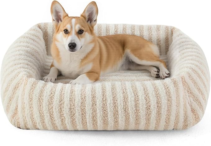 MIXJOY Dog Bed Medium Size Dog, Washable Medium Dogs Bed with Removable Cover, Soft Rectangle Pet Ded Fluffy Plush Faux Fur Pet Bed with Anti-Slip Bottom, 30"x30"x8", Beige