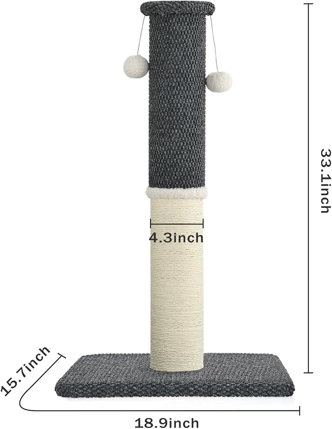 Made4Pets Tall Cat Scratching Post, Heavy Duty and Thicker Scratching Posts for Indoor Cats Adults, 33" Natural Sisal Cat Scratcher with Hanging Balls, Sturdy Base Cat Scratch Post, Dark Grey