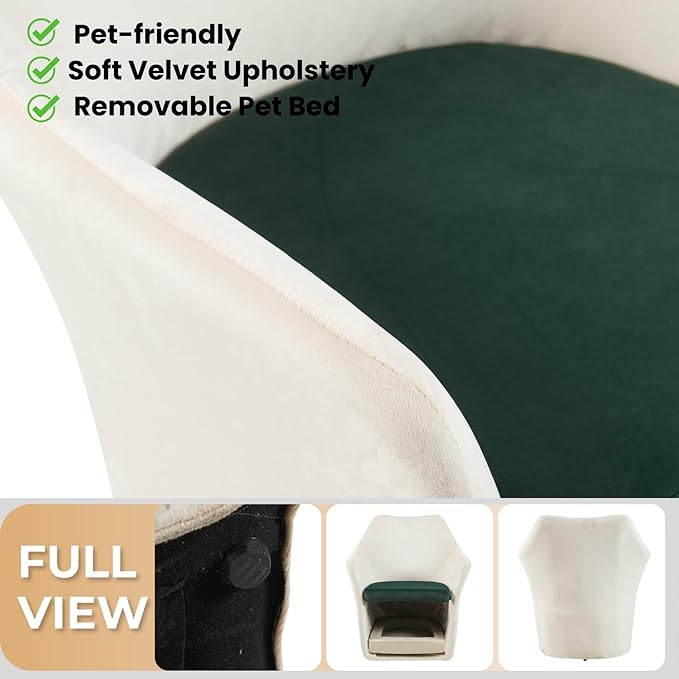 Velvet Chair with Cat Bed for Cats Lover, Pet-Friendly Single Sofa Armchair with Pet Nest for Living Room, White.
