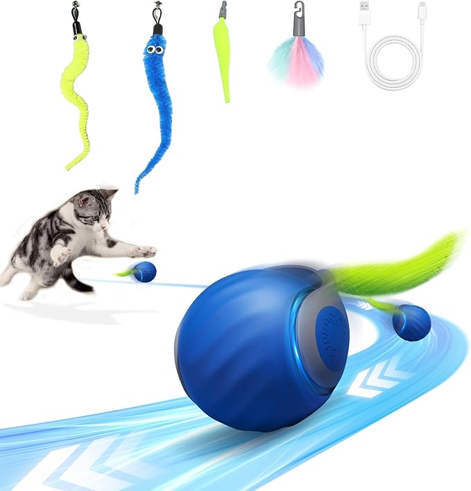 2025 New Upgrade Speedy Tail Cat Toy, Smart Interactive Pet Toys Comes with 4 Tails, Reinforced Version of The Cat Toys Balls, Two Speed Adjustment (Blue)