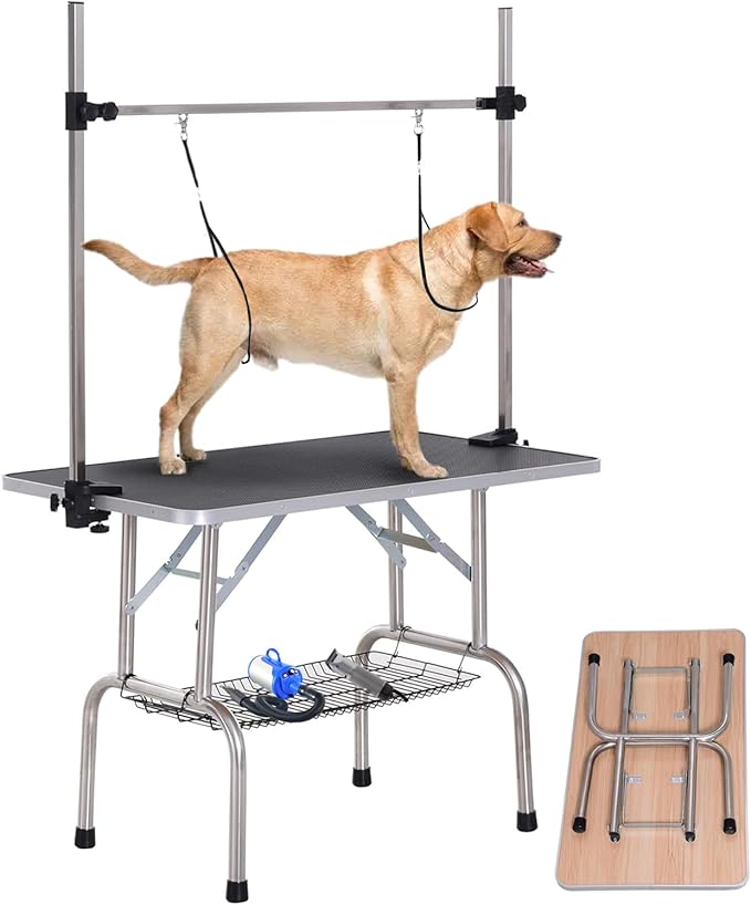 Dog Pet Grooming Table for Large Dogs Adjustable Height Heavy Duty Professional Portable Trimming Table with Arm/Noose/Mesh Tray, Maximum Capacity Up to 330 LBS, 42''/Black